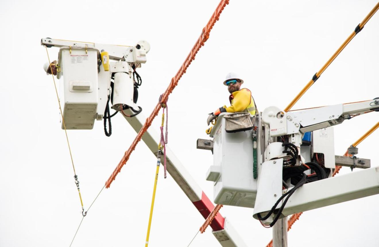 Lineworker in bucket truck