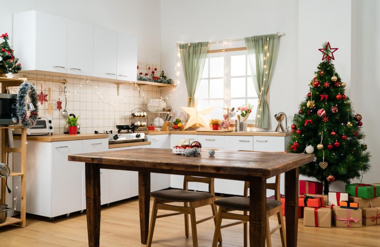 Kitchen with christmas lights